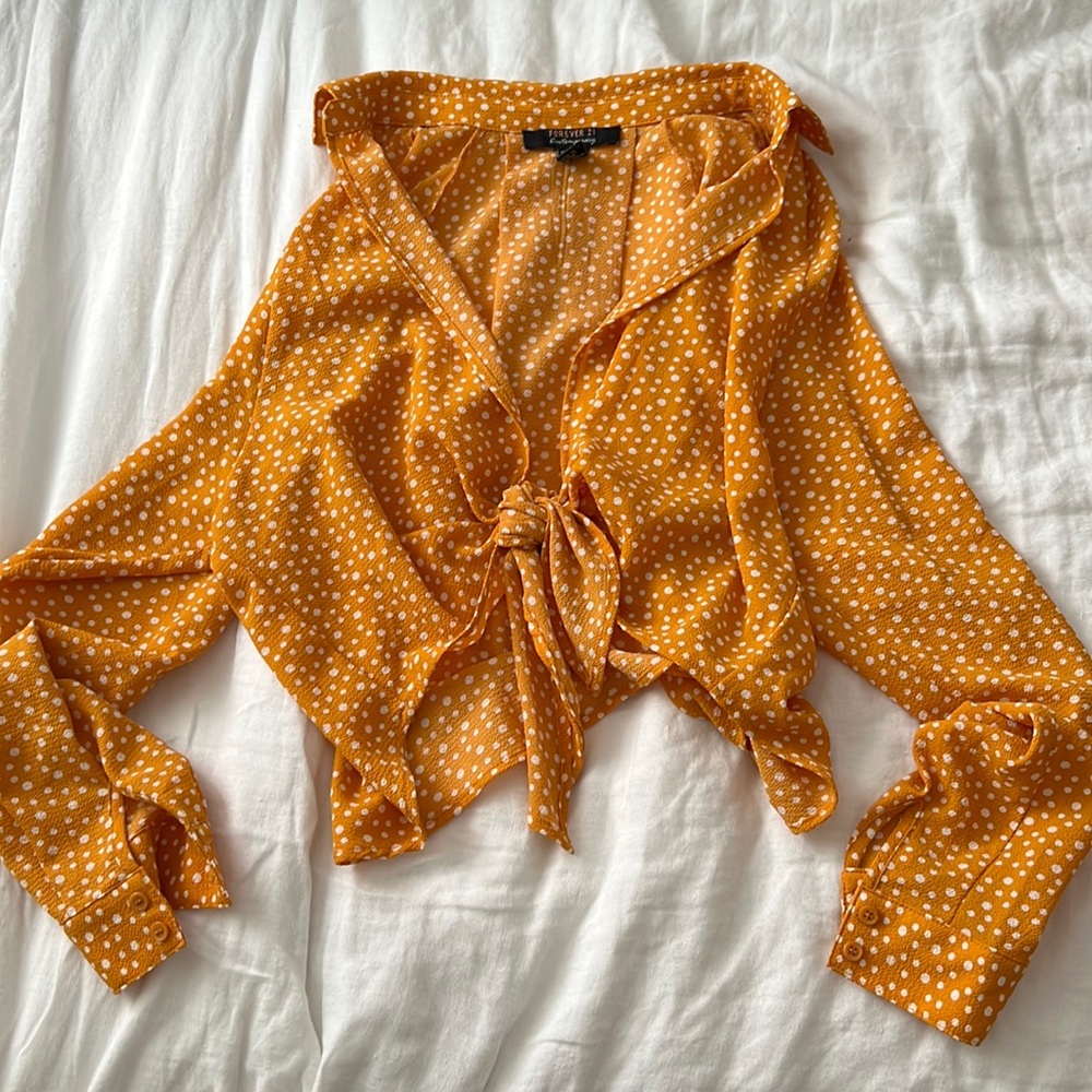 Yellow polka dot tie front top with long sleeves